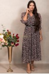 Rochie Olimpia din voal negru cu imprimeu floral, pieptii petrecuti si curea